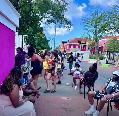 Guests lining up in front of The Pink Unicorn